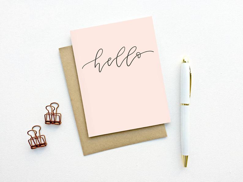 Blush Hello Script Hand lettered Card by Instead of Ashes